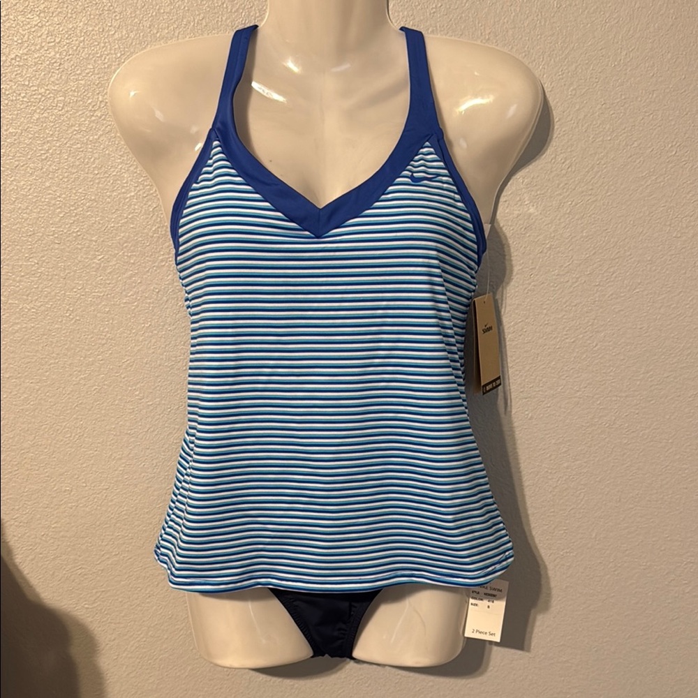 🆕 NWT Nike Blue Striped Tankini Set (2 Pc) Sz S